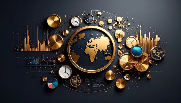 Global Business Time Zones with Charts and Clocks Golden Aesthetic