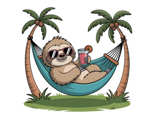 Fototapeta premium a cartoon sloth is relaxing in a hammock with palm trees