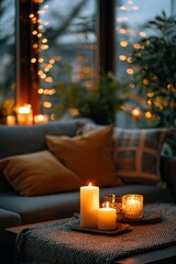 Naklejka premium Cozy candlelit living room evening glow with candles and string lights creating warm ambiance at dusk by window