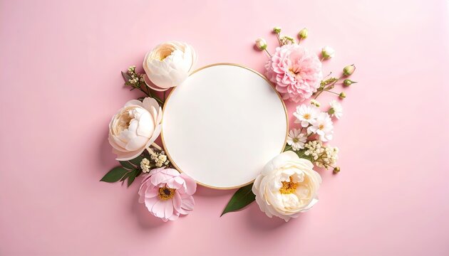 Floral frame with delicate pastel blossoms and a blank circle for personalized content