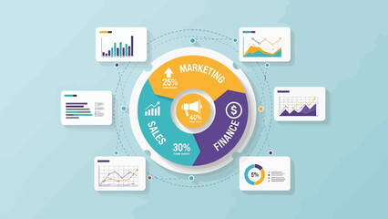 Obraz premium Business strategy infographic with marketing sales finance charts and graphs on light blue its only illustration
