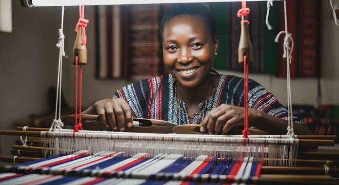 Woman weaving on a loom with colorful fabric