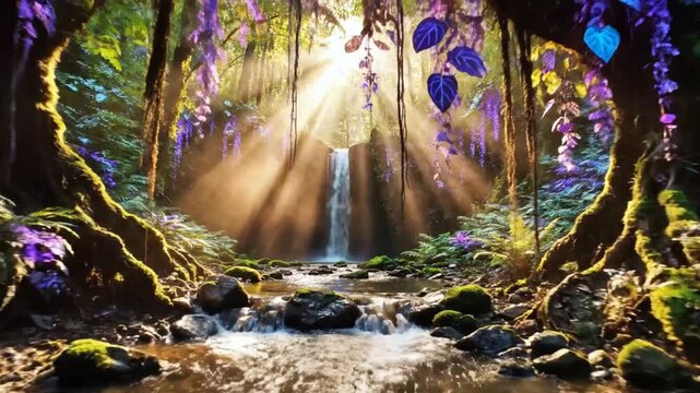Magical forest with glowing waterfall, stream, and fantasy plants at dawn