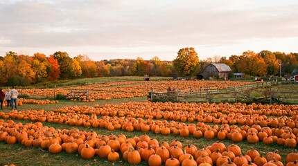 A vast pumpkin patch under a warm sunset,