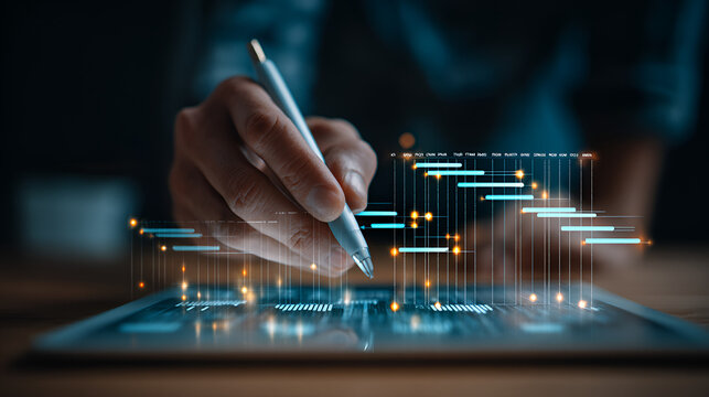 Project manager using stylus on tablet with hologram Gantt chart schedule interface. Business planning, timeline management, and digital workflow concept for corporate strategy efficiency.