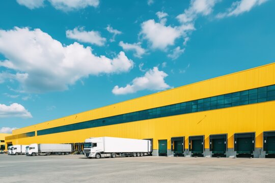 Delivery trucks parked at yellow warehouse loading docks