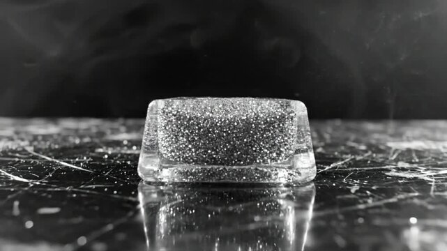 Black and white close-up shot of a glitter-filled ice cube breaking into pieces on a reflective surface