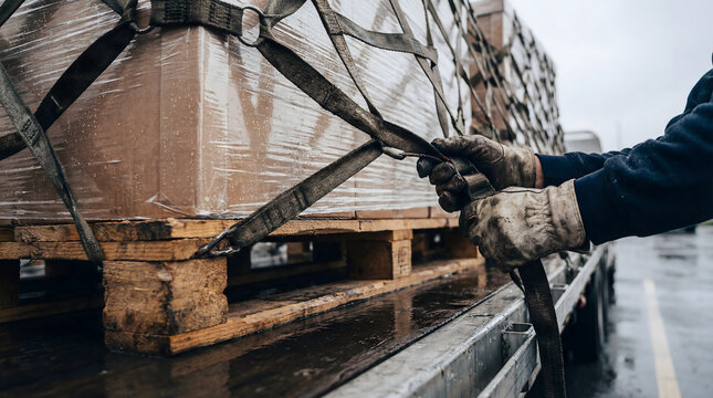 Worker securing cargo on truck bed with straps