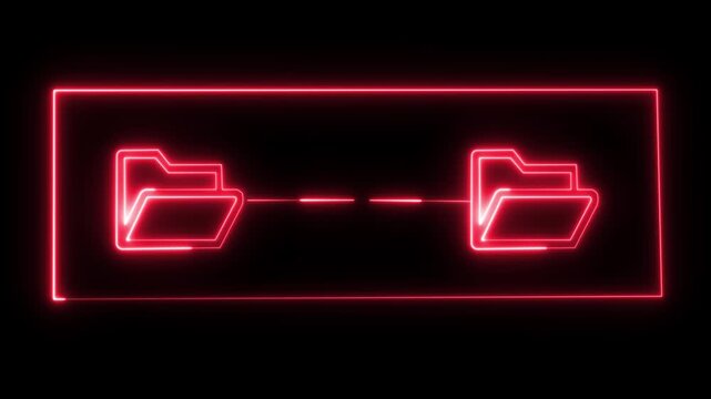 Neon red digital folder transfer animation, data sync and file management concept