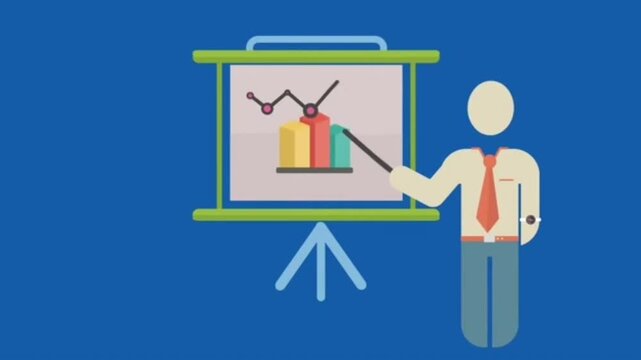 Professional animated character showing business progress and financial analytics on a presentation board with colorful bar charts and line graphs