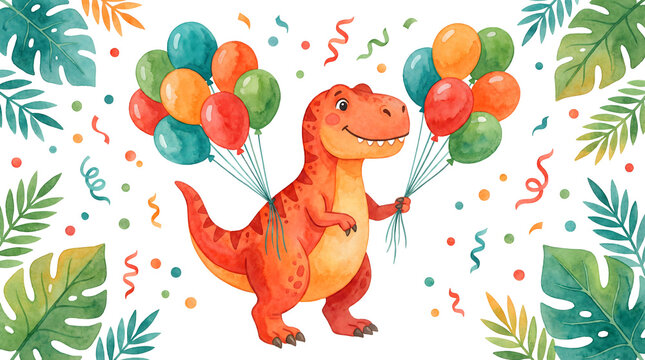 Cute watercolor dinosaur celebrating birthday with colorful balloons