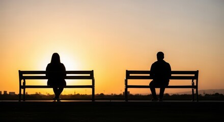 Obraz premium Two silhouetted figures sit on separate benches facing away from each other during a warm sunset