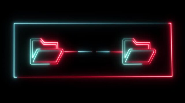 Neon digital file transfer animation with glowing folder for data sync and cloud storage concepts