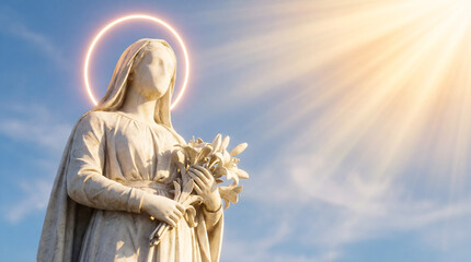 Fototapeta premium Virgin mary statue holding lilies with halo and rays