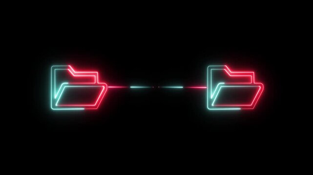 Neon glowing folder transferring data animation, digital file syncing and cloud computing concept