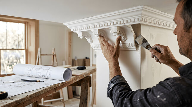Craftsman restoring decorative cornice molding during home renovation