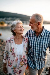Naklejka premium Glückliches älteres Paar spaziert am Wasser und schaut sich liebevoll an Lebensfreude und Beziehung im Alter