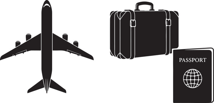 travel icons airplane suitcase passport silhouette set black