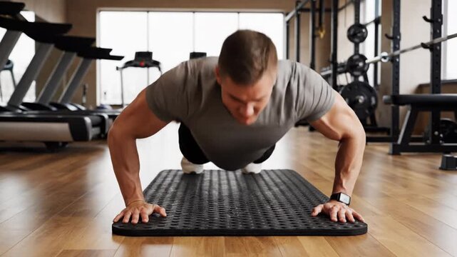 Man performing push-ups on exercise mat in modern gym