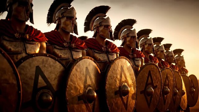 Ancient Spartan Warriors Stand United in Battle Formation at Sunset.
