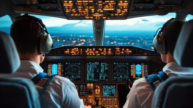 Pilots navigating an aircraft cockpit during night flight aviation digital art skylines intimate view airline operations