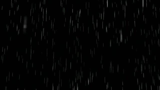 rainfall black background. Falling raindrops footage animation in Realtime on dark black background with fog, lightened from top, seamlessly looped rain animation, perfect for film, 