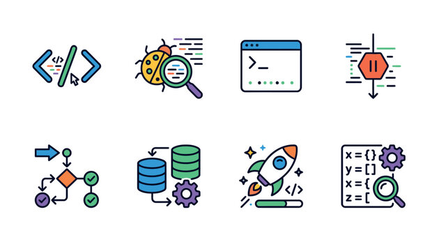 Collection of colorful coding and development icons.