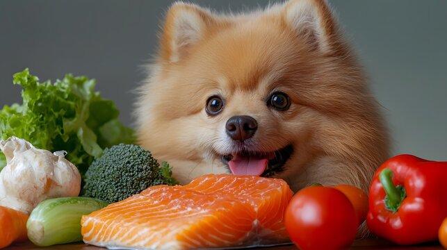Cute Pomeranian Dog Surrounded by Fresh Vegetables and Salmon