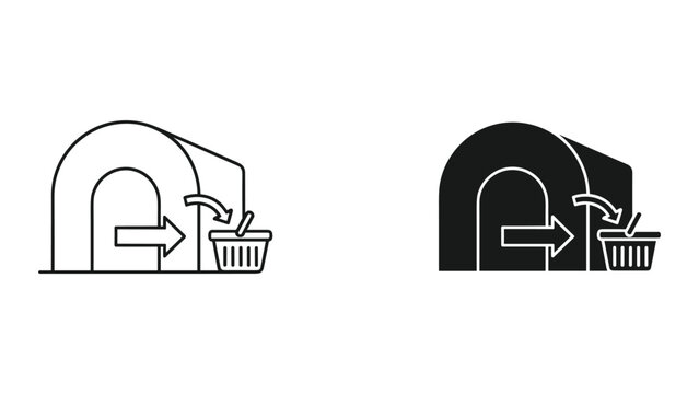 Two black and white icons depicting a shopping basket being placed into a tunnel or archway with an arrow pointing to the right