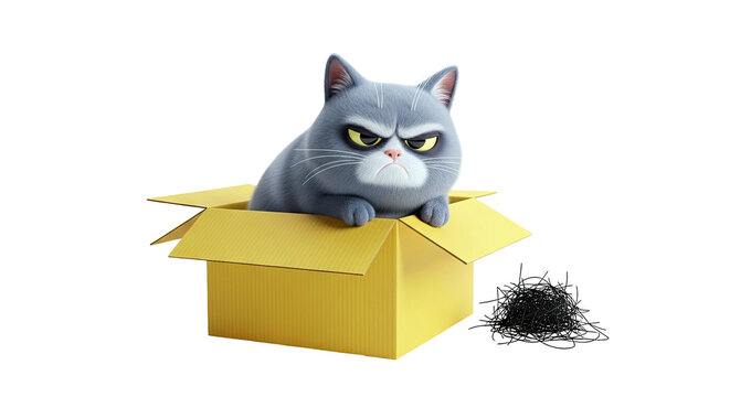 Grumpy cartoon cat sits in a yellow box with a pile of black strings