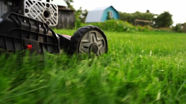 Lawn mower cuts grass with smooth motion. Green blades slice through tall blades. Background shows distant houses and trees. Scene conveys peaceful outdoor maintenance