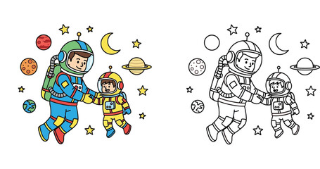 Fototapeta premium Astronaut Father and Son Floating in Space with Planets and Stars, Including Colored Version and Black and White Line Art Coloring Page