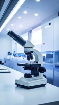 A sleek, modern laboratory interior focuses on a prominent optical microscope, highlighting scientific research, with clean white counters