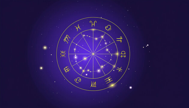 Celestial Zodiac Wheel and Constellations Illustration on a Dark Cosmic Background