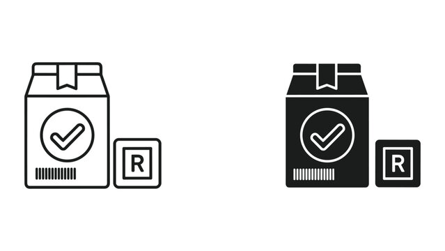 Two black and white icons of milk cartons with checkmarks and R labels on a white background