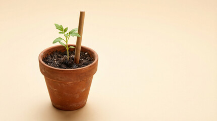 Fototapeta premium Green seedling in terracotta pot with wooden stake on beige surface smart agriculture growth concept.