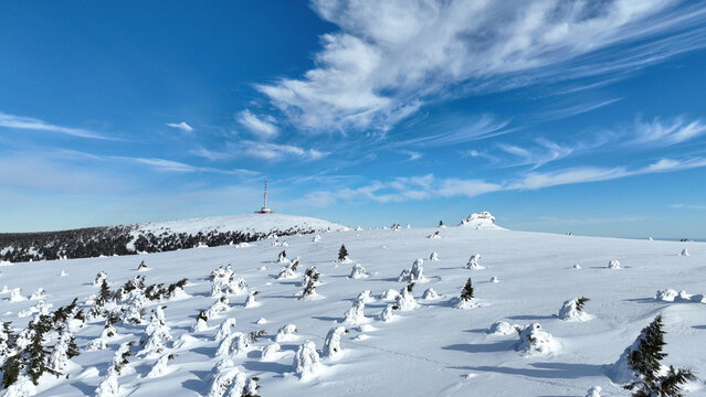 Jeseniky mountain Praded aerial drone shot during winter natural ice form spruce tree Picea forest, television tower transmitter snow frost cold cool ice tundra biome frigid temperature birds eye top