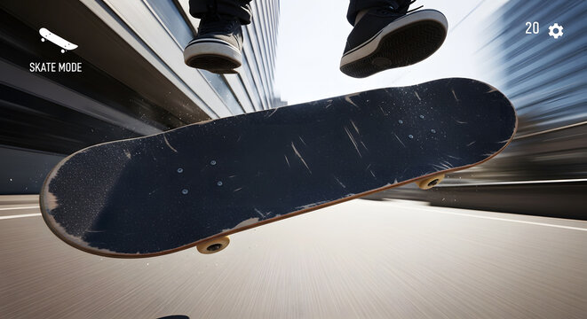Low Angle of Skateboarder Performing Ollie with Digital Skate Mode Interface