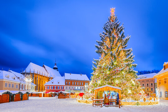 Brasov, Romania. Snowy winter holiday landscape with Christmas Market, Transylvania