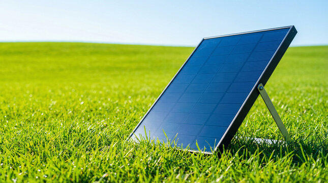 Small portable solar panel on green grass in sunlight clean energy rural off-grid sustainable power.