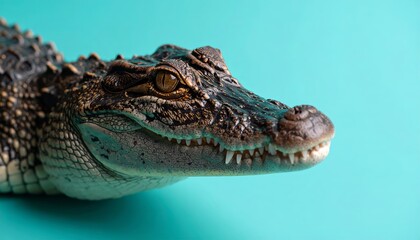 Obraz premium Close-up of an Alligator Head with Sharp Teeth on a Teal Background