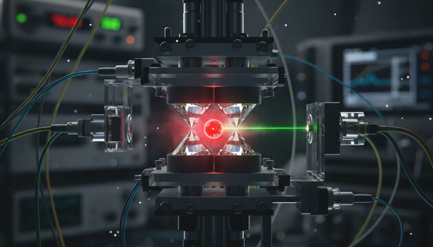 Diamond anvil cell DAC compressing glowing microscopic material sample