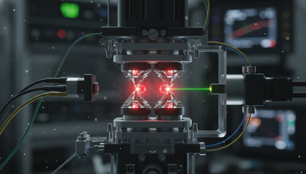 Diamond anvil cell DAC compressing glowing microscopic material sample