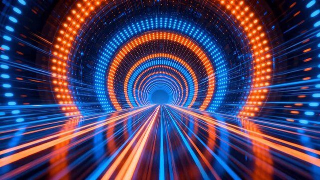 Futuristic circular light tunnel with orange and blue glowing rings