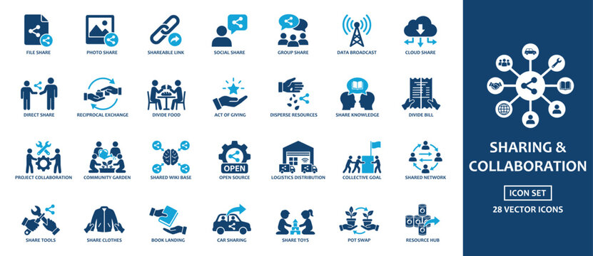 Sharing and collaboration solid icon set. Features file transfer, cloud broadcast, open source, carpool, and knowledge exchange. Blue vector graphics for community network projects.