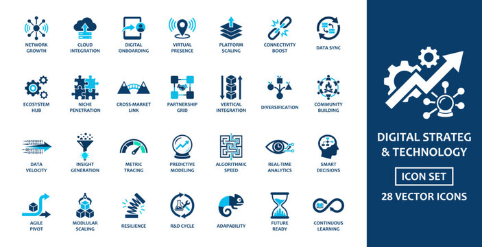 Digital strategy and technology solid icon set. Features cloud integration with network growth and predictive modeling concepts. Blue glyph vector icons for corporate IT projects.