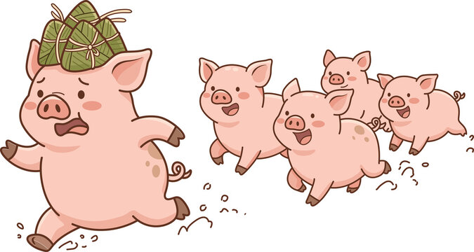 Cute cartoon pig running with Zongzi (sticky rice dumplings) on head for Dragon Boat Festival