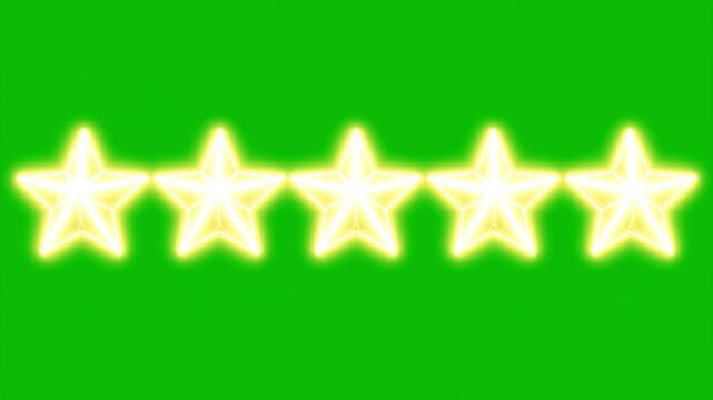 Five Golden Stars Rating Animation on Green Screen. 3D Gold Star Icon for Review and Ranking. Animated 5 Star Quality Rating Symbol Appearing.