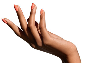 Isolated manicured hand showing long pointed nails with glossy vibrant peach-colored nail polish