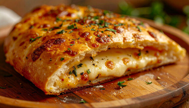 Golden calzone Italian stuffed bread, crispy baked crust with melted cheese inside, fresh toppings and herbs, tasty food, culinary cooking